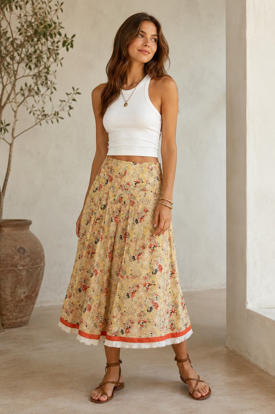 Johnny Was Floral Print Pleated Midi Skirt, Cream/Coral/Yellow (6)